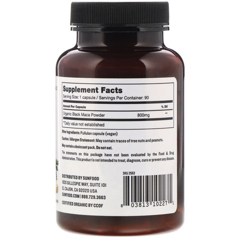 Sunfood, Cápsulas de maca negra, 800 mg, 90 cápsulas