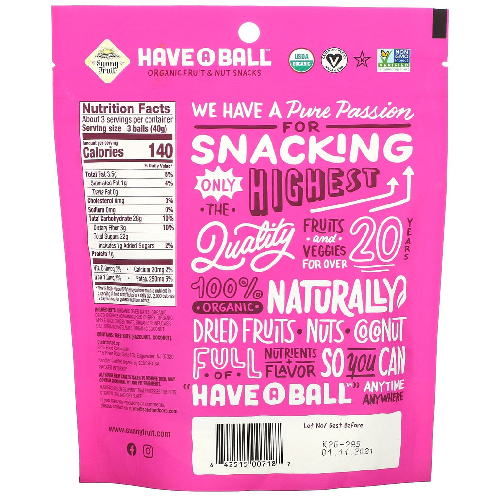 Sunny Fruit, Have A Ball, Frugt &amp; Nødde Snacks, Kirsebær &amp; Hasselnød, 4,44 oz (126 g)