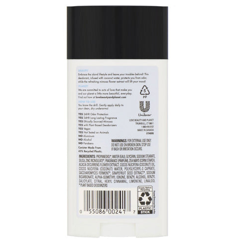Love Beauty and Planet, Forfriskende Deodorant, Kokosvand & Mimosa Flower, 2,95 oz (83,5 g)