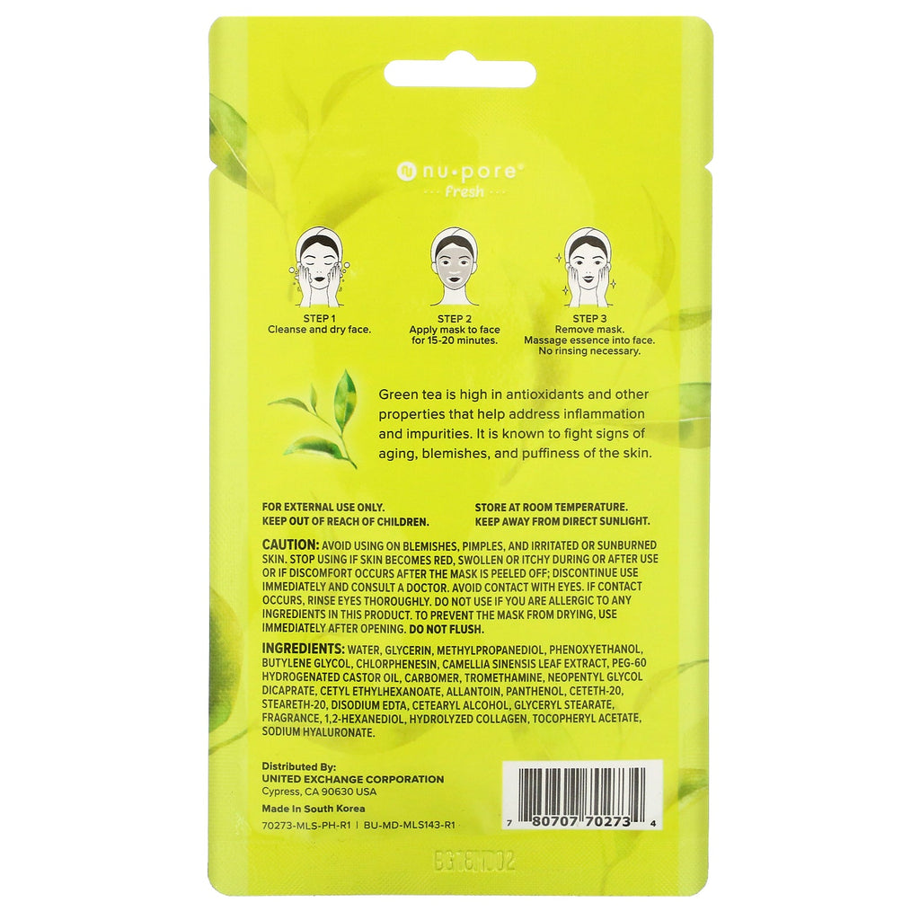 Nu-Pore, Fresh Start Sheet Face Mask, grøn te, 1 ark, 1,05 oz (29,7 g)