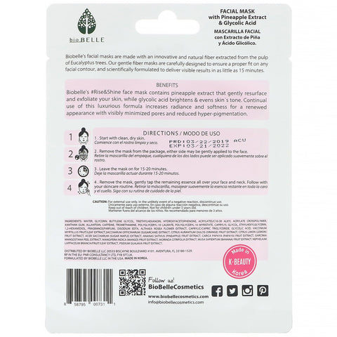 Biobelle, botanisk fiber ansigtsmaske, giver energi og lyser, #Rise&Shine, 1 ark, 0,88 oz (25 g)