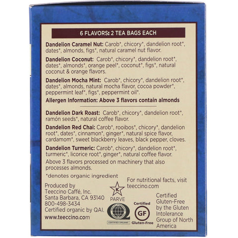 Teeccino, ristet urtete, mælkebøtte te prøveudtager, 6 smagsvarianter, koffeinfri, 12 teposer, 72 g (2,54 oz)