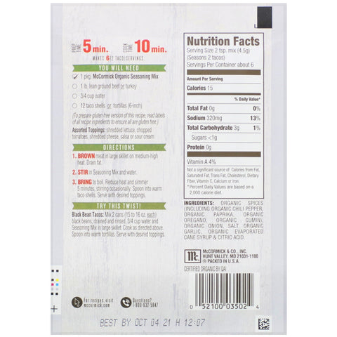 McCormick, mezcla de condimentos, tacos, 28 g (1 oz)