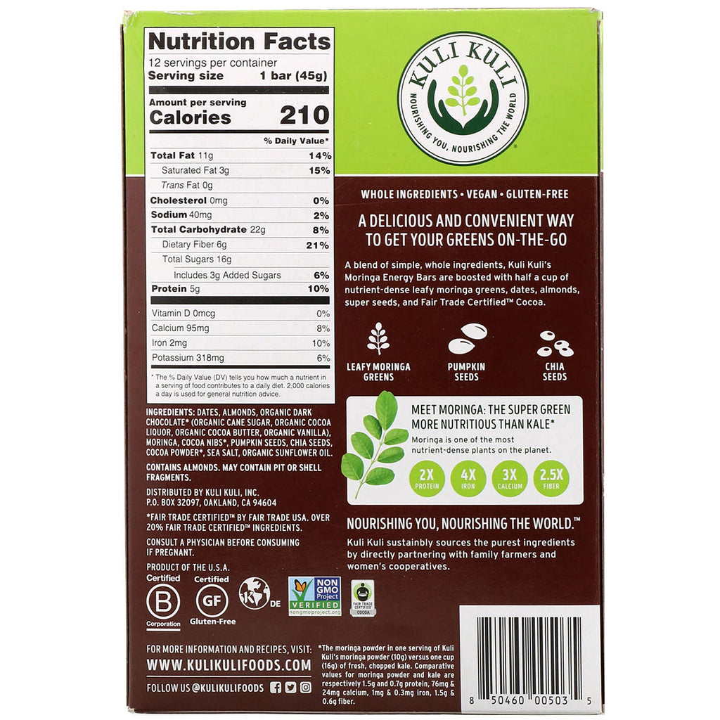Kuli Kuli, Moringa Energy Bar, mørk chokolade, 12 barer, 1,6 oz (45 g) hver