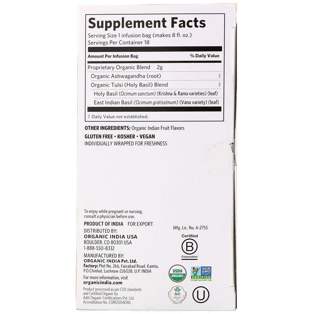 Indien, Tulsi te, Ashwagandha, koffeinfri, 18 infusionsposer, 1,27 oz (36 g)