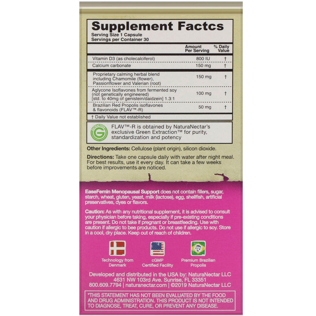 NaturaNectar, EaseFemin, menopausal støtte, 30 grøntsagskapsler