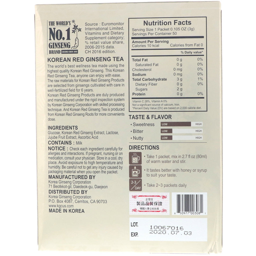 Cheong Kwan Jang, koreansk rød ginseng te, 50 pakker, 0,105 oz (3 g) hver