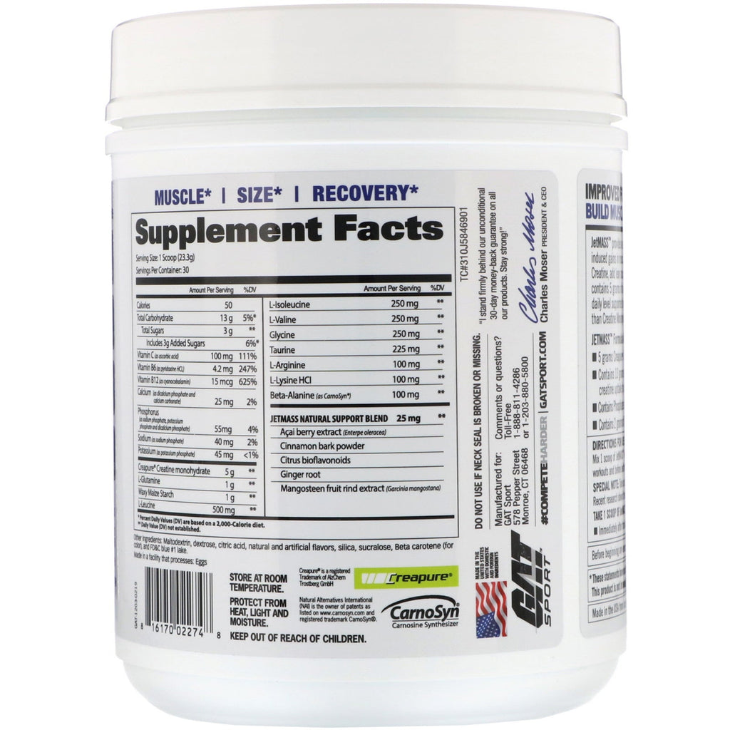 GAT, JetMASS, hurtigtvirkende volumengivende kreatinsystem, citronlime, 24,7 oz (699 g)