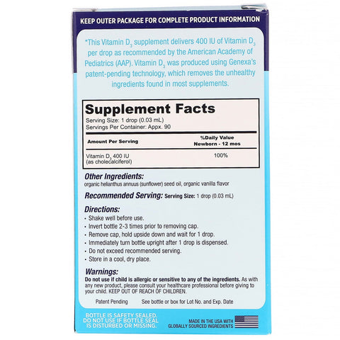 Genexa, Infant Vitamin D3, Newborn+, Vaniljesmag, 400 IE, 0,10 fl oz (3 ml)