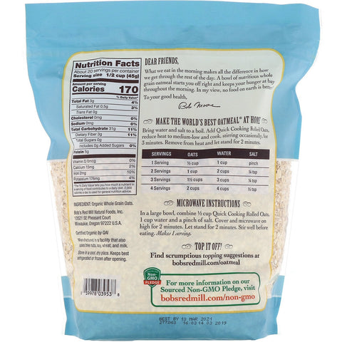 Bob's Red Mill, Avena arrollada de cocción rápida, grano integral, 32 oz (907 g)