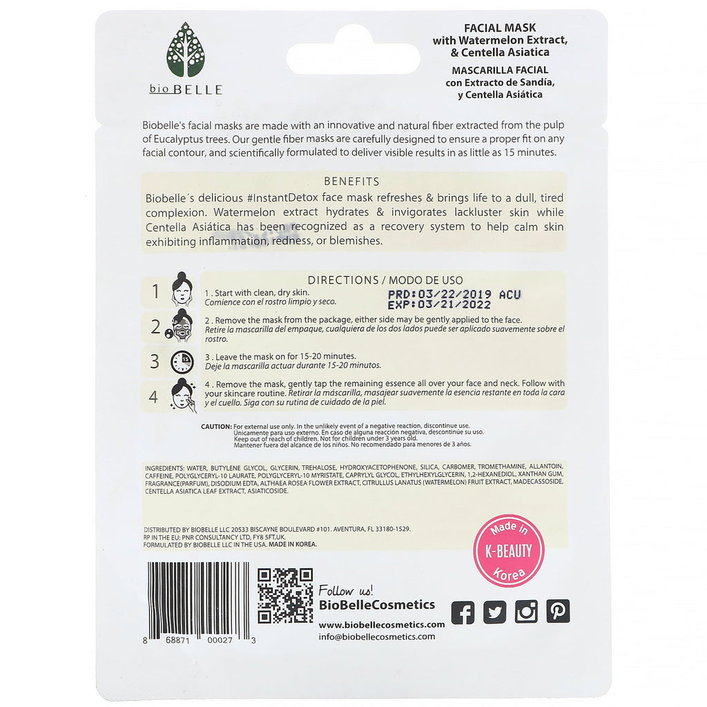 Biobelle, botanisk fiber ansigtsmaske, renser og beroliger, #InstantDetox, 1 ark, 0,88 oz (25 g)