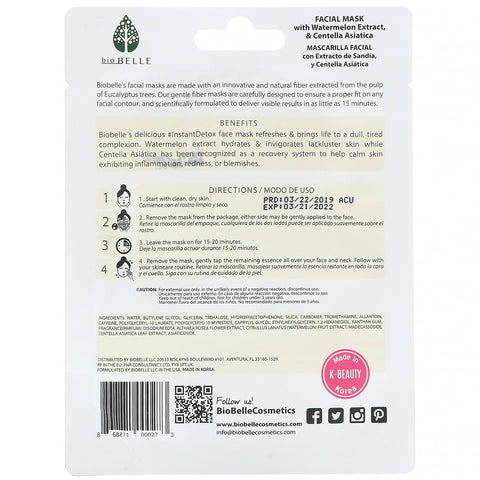 Biobelle, botanisk fiber ansigtsmaske, renser og beroliger, #InstantDetox, 1 ark, 0,88 oz (25 g)