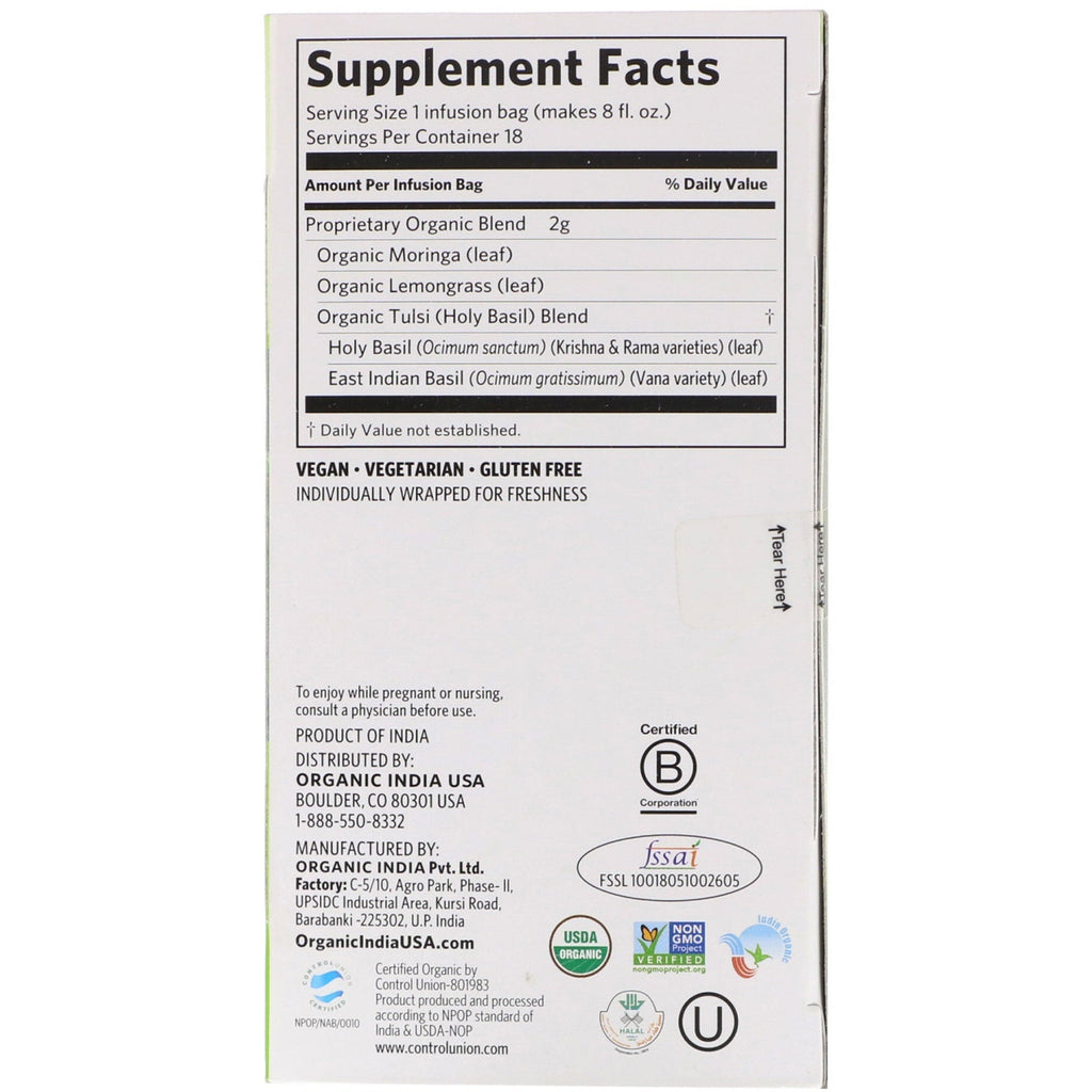 Indien, Tulsi te, Moringa, koffeinfri, 18 infusionsposer, 1,27 oz (36 g)