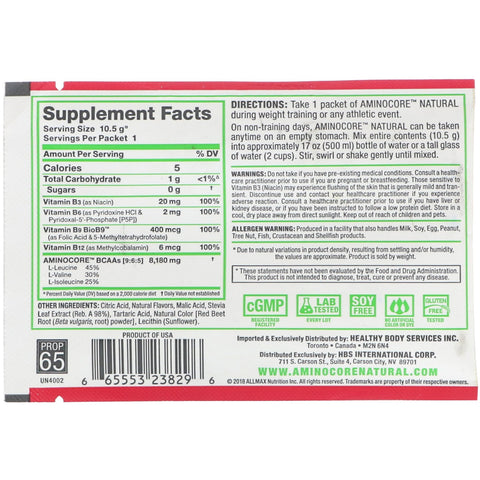 ALLMAX Nutrition, AMINOCORE Natural, Instantized BCAA'er, Tranebæræble, 10,5 g (0,37 oz)