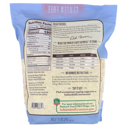 Bob's Red Mill, Copos de avena tradicionales, cereales integrales, sin gluten, 32 oz (907 g)