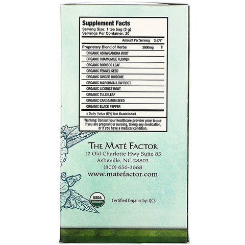 Mate Factor, Stress SOS med Marshmallow & Ashwagandha, koffeinfri, 20 teposer, 2,12 oz (60 g)