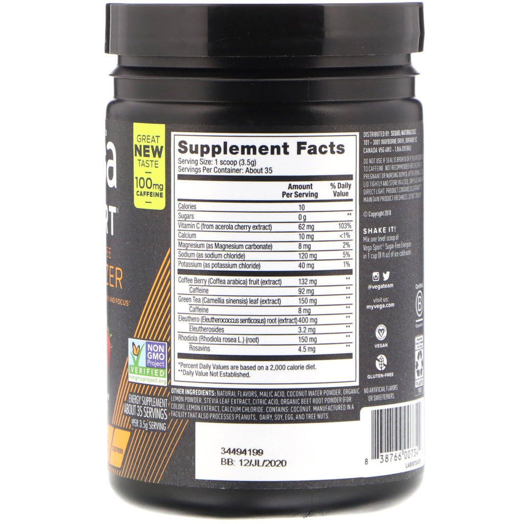 Vega, Sport, Sukkerfri Energizer, Strawberry Lemonade, 4,3 oz (122 g)
