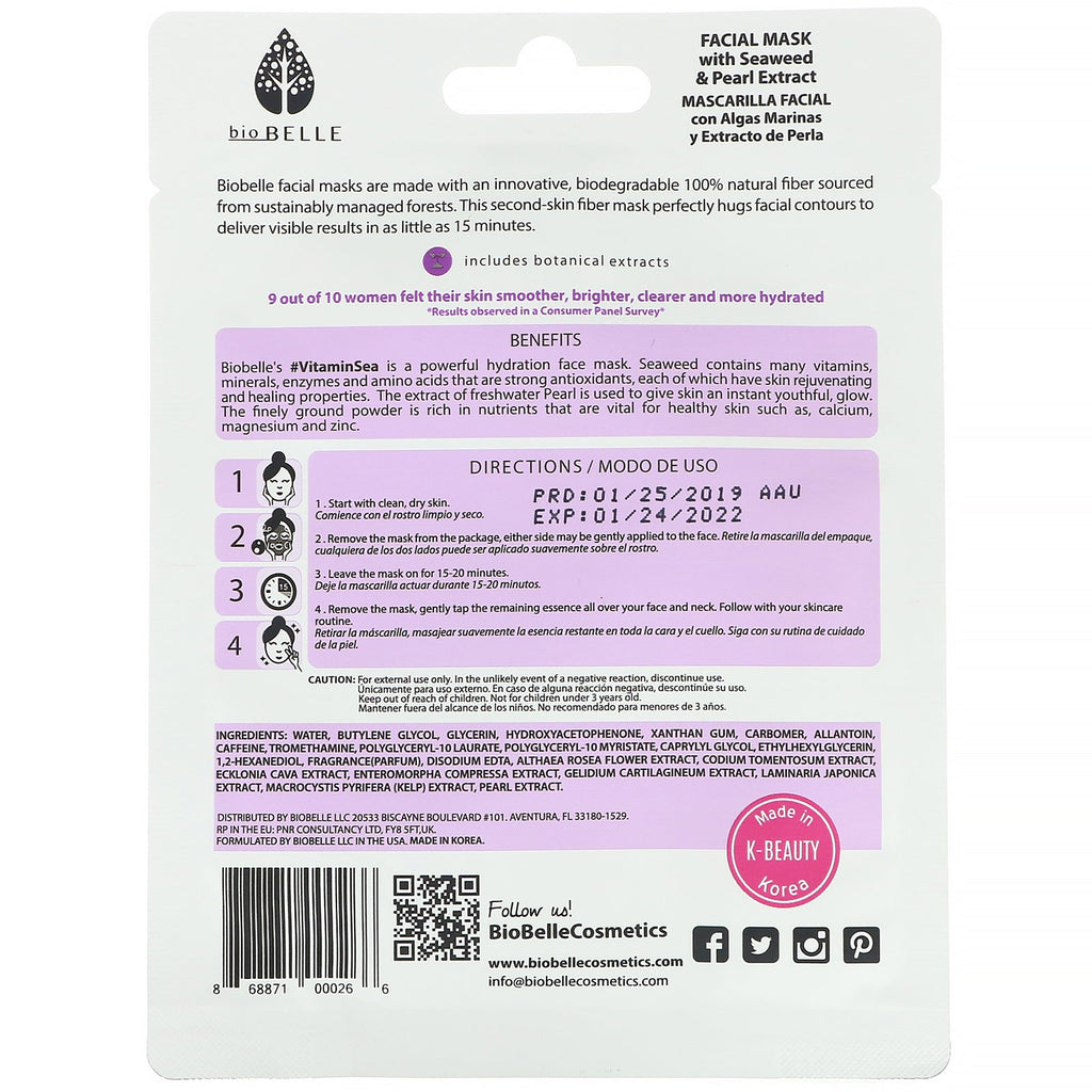 Biobelle, Botanic Fiber Ansigtsmaske, Hydrater &amp; Rejuvenates, #VitaminSea, 1 ark, 0,88 oz (25 g)