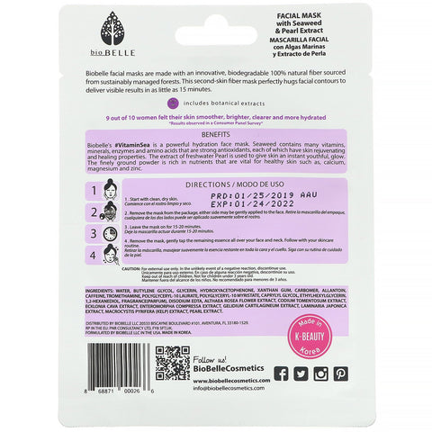Biobelle, Botanic Fiber Ansigtsmaske, Hydrater & Rejuvenates, #VitaminSea, 1 ark, 0,88 oz (25 g)