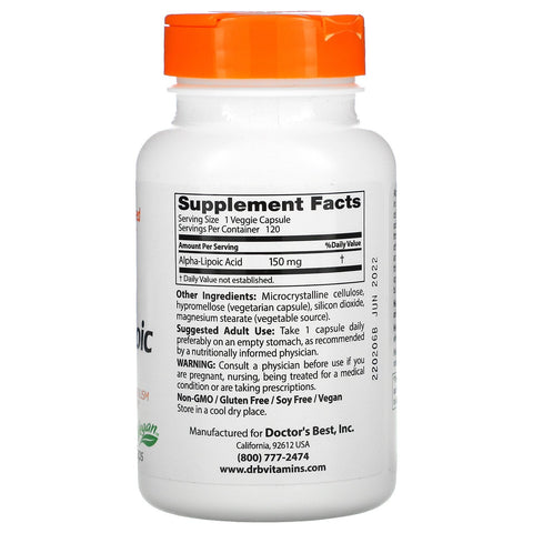Doctor's Best, alfa-liponsyre, 150 mg, 120 grøntsagskapsler