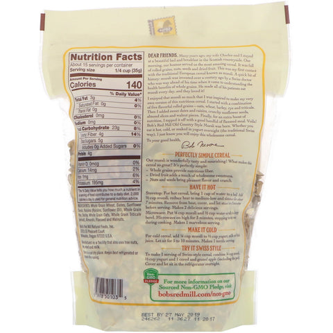 Bob's Red Mill, Muesli, estilo antiguo del condado, grano integral, 18 oz (510 g)