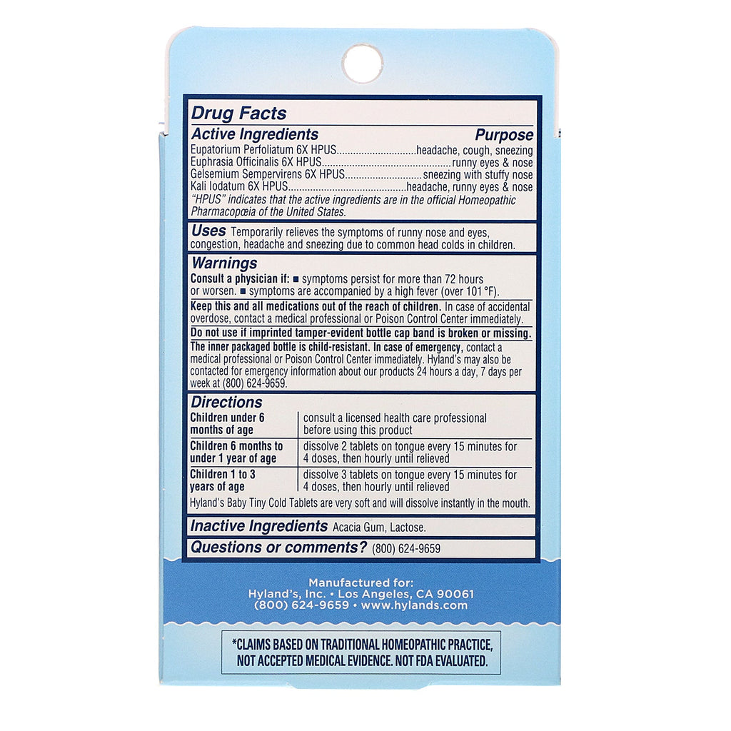 Hyland's, Baby, Tiny Cold Tablets, Dagtimerne, Aldre 6 måneder +, 125 hurtigtopløselige tabletter