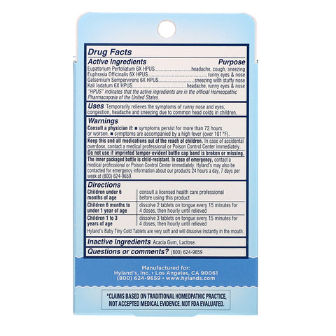 Hyland's, Baby, Tiny Cold Tablets, Dagtimerne, Aldre 6 måneder +, 125 hurtigtopløselige tabletter
