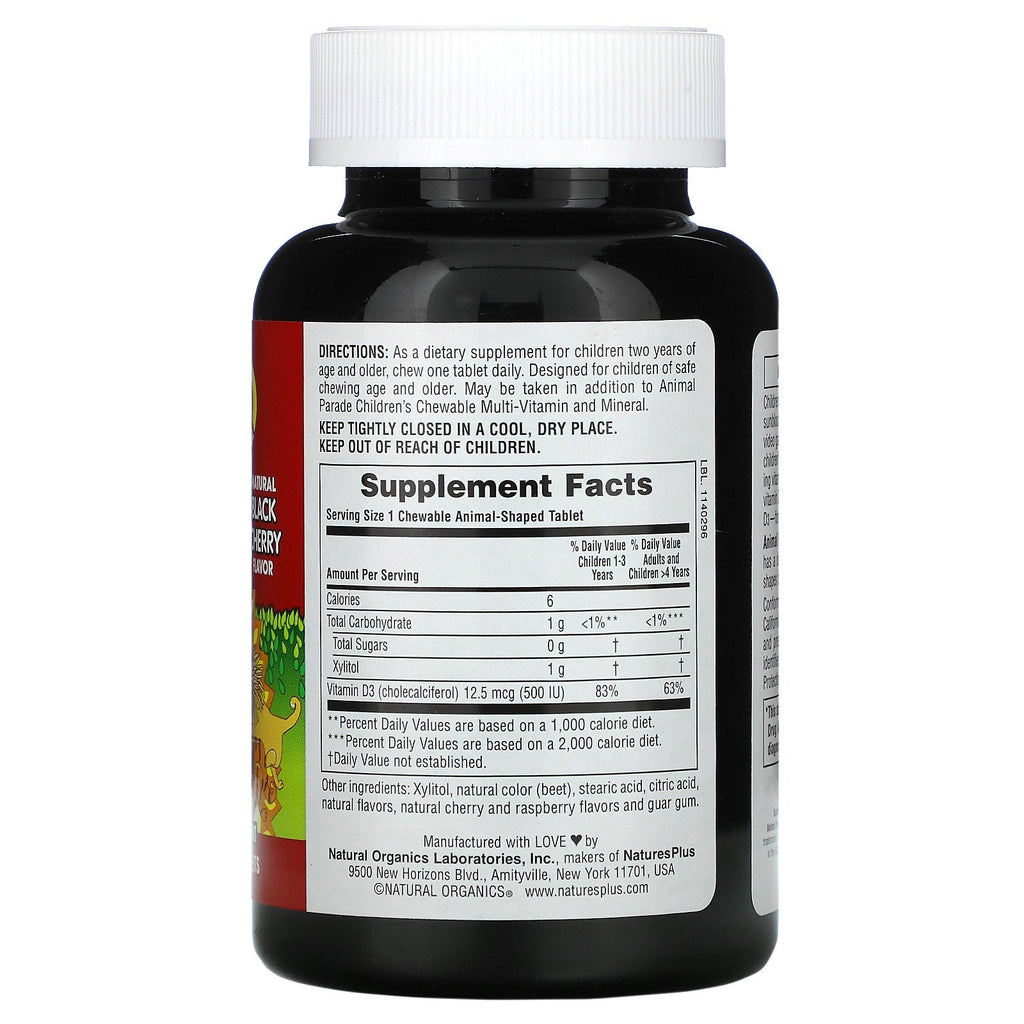 Nature's Plus, Source of Life, Animal Parade, Vitamin D3, Sukkerfri, Natural Black Cherry, 12,5 mcg (500 IE), 90 dyreformede tabletter