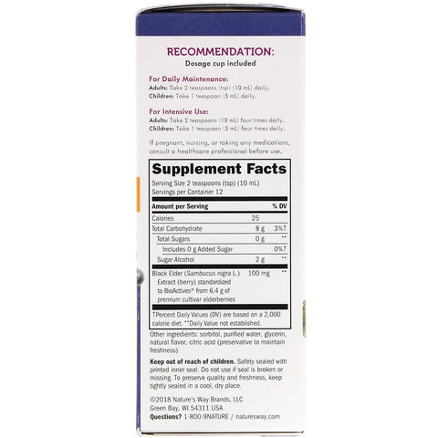 Nature's Way, Sambucus, standardiseret hyldebær, sukkerfri sirup, 4 fl oz (120 ml)