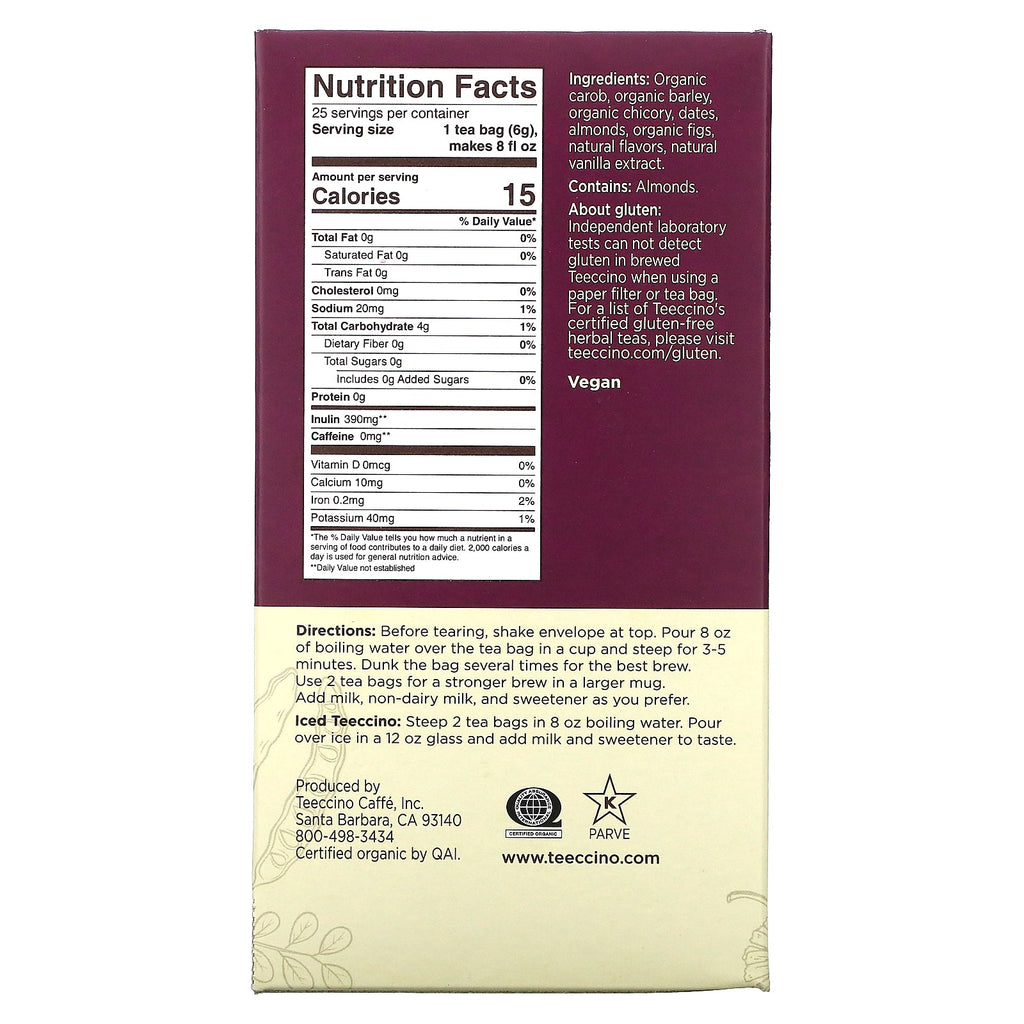 Teeccino, ristet urtete, vaniljenød, koffeinfri, 25 teposer, 5,3 oz (150 g)