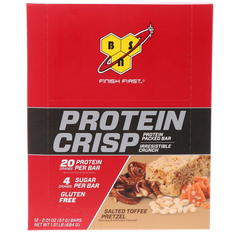 BSN, Protein Crisp, barra de proteína envasada, pretzel de caramelo salado, 12 barras, 2,01 oz (57 g)