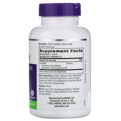 Natrol, tranebær, hurtigt opløseligt, tranebærsmag, 250 mg, 120 tabletter