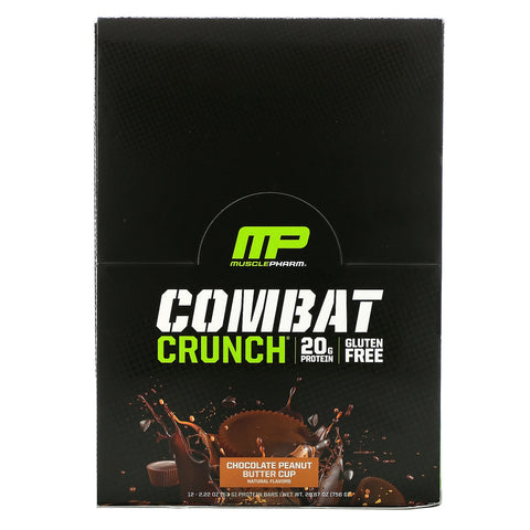 MusclePharm, Barras de proteína Combat Crunch, taza de mantequilla de maní y chocolate, 12 barras, 2,22 oz (63 g) cada una