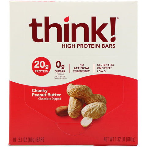 ThinkThin, barras ricas en proteínas, mantequilla de maní con trozos, 10 barras, 2,1 oz (60 g) cada una