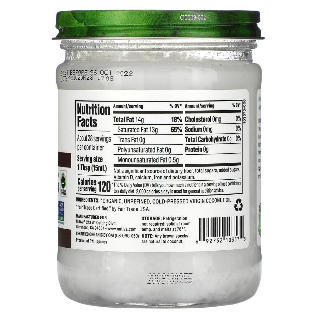 Nutiva, kokosolie, jomfru, 14 fl oz (414 ml)