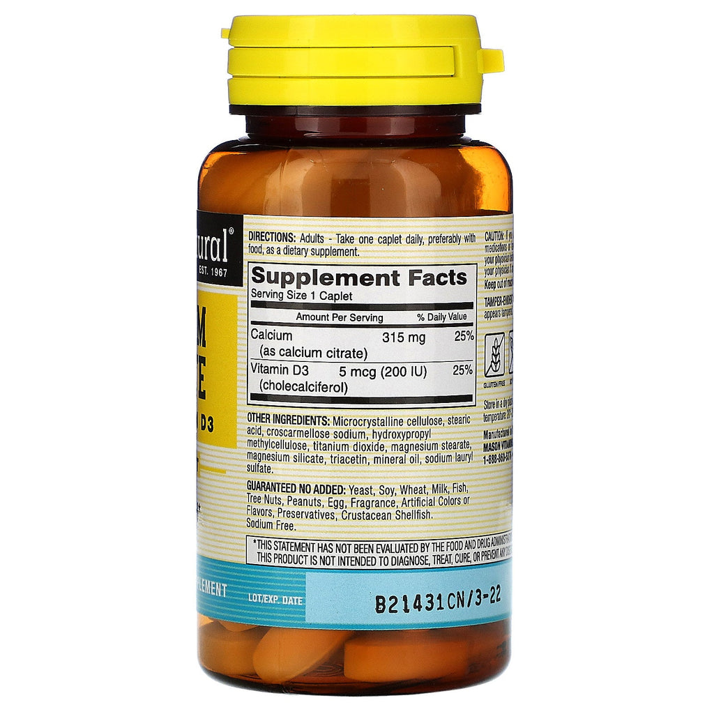 Mason Natural, Calcium Citrate Plus Vitamin D3, 60 kapletter