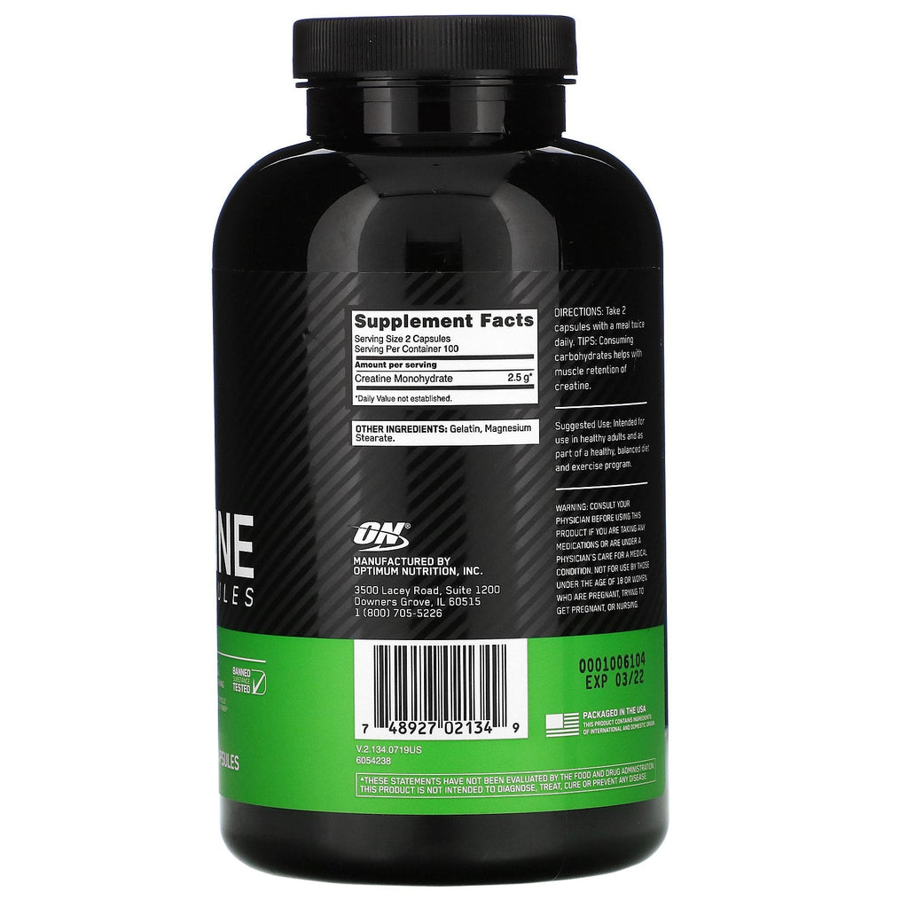 Optimal ernæring, mikroniserede kreatinkapsler, 2,5 g, 200 kapsler