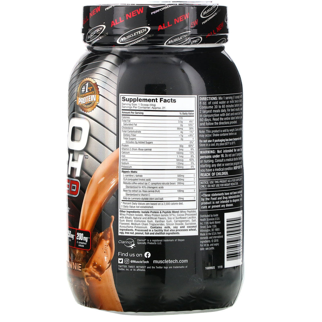 Muscletech, Nitro Tech Ripped, Ultimate Protein + Weight Loss Formula, Chocolate Fudge Brownie, 2 lbs (907 g)
