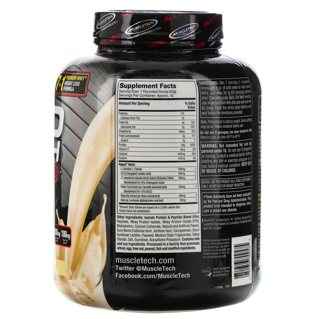Muscletech, Nitro Tech Ripped, Ultimate Protein + Weight Loss Formula, French Vanilla Swirl, 4 lbs (1.81 kg)