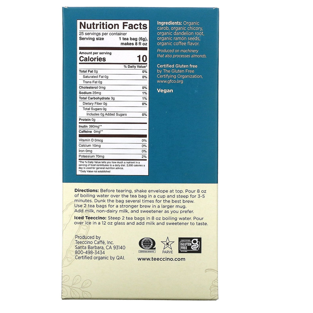 Teeccino, ristet urtete, mælkebøtte mørk stegt, koffeinfri, 25 teposer, 5,3 oz (150 g)
