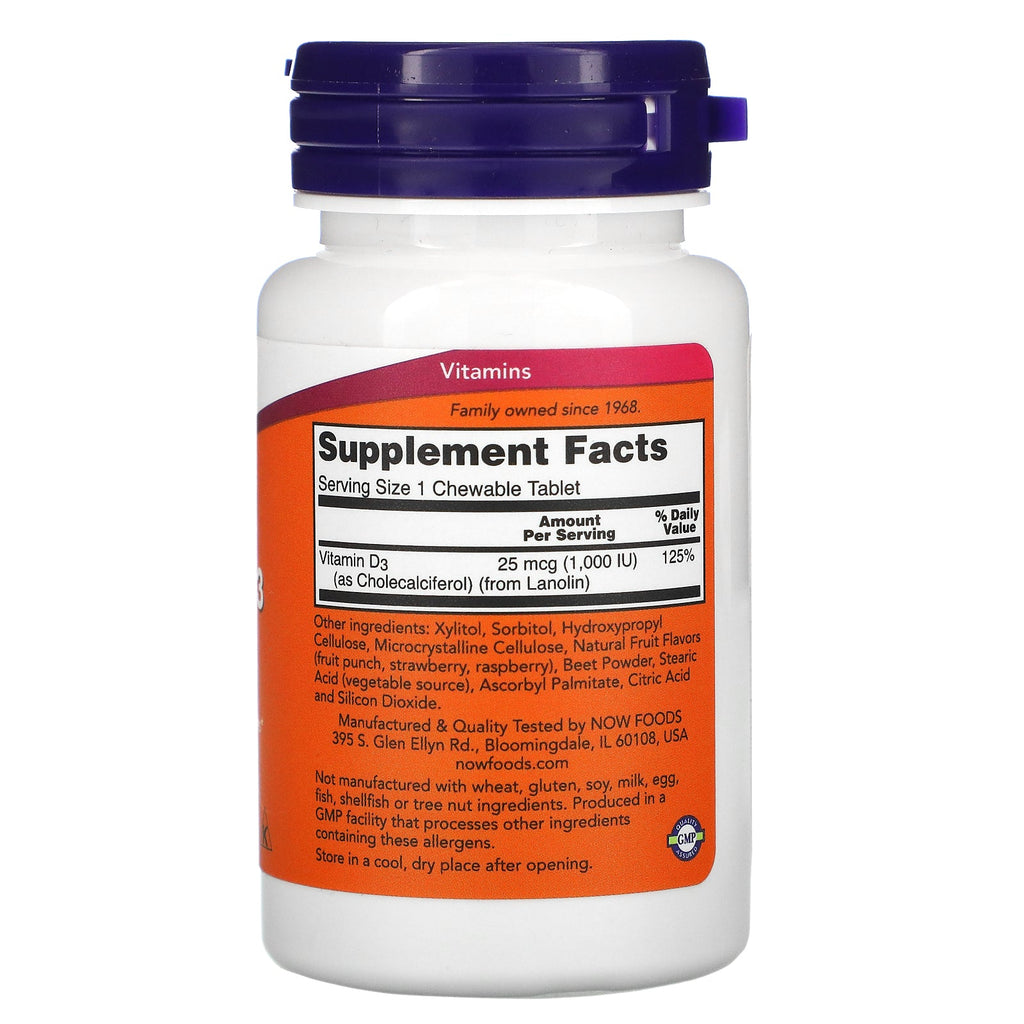 Nu mad, tygbart vitamin D-3, naturlig frugtsmag, 1.000 IE, 180 tyggevarer