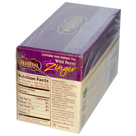 Himmelske krydderier, Urtete, Koffeinfri, Wild Berry Zinger, 20 teposer, 1,7 oz (47 g)