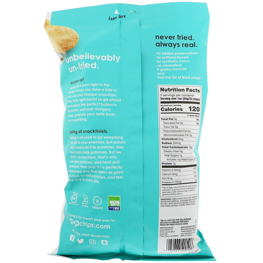 Popchips, kartoffelchips, havsalt og eddike, 5 oz (142 g)