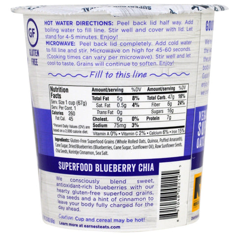 Earnest Eats, Taza de avena SuperFood, arándano + chía + canela, superalimento con chía y arándanos, 67 g (2,35 oz)