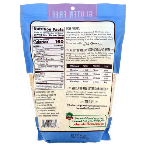 Bob's Red Mill, Avena cortada en acero, grano integral, sin gluten, 24 oz (680 g)