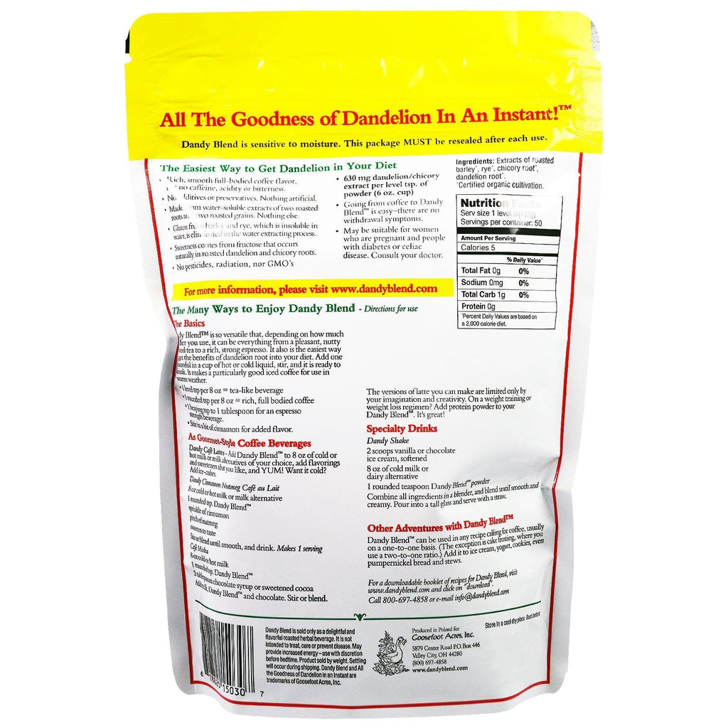 Dandy Blend, Instant Herbal Beverage med mælkebøtte, koffeinfri, 3,53 oz (100 g)