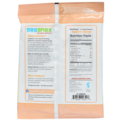 SeaSnax,  Premium Roasted Seaweed Snack, Toasty Onion, 0.54 oz (15 g)