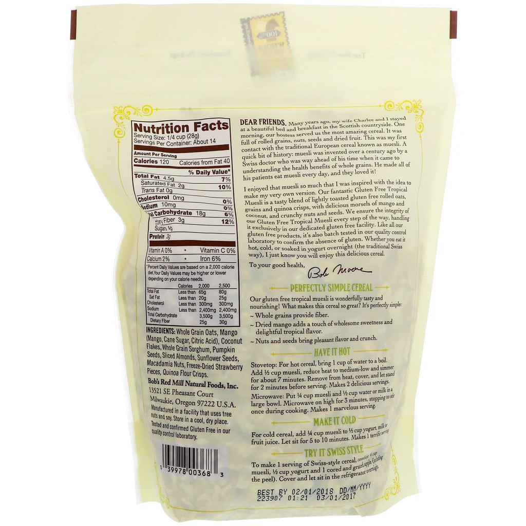 Bob's Red Mill, müsli, tropisk, glutenfri, 14 oz (397 g)