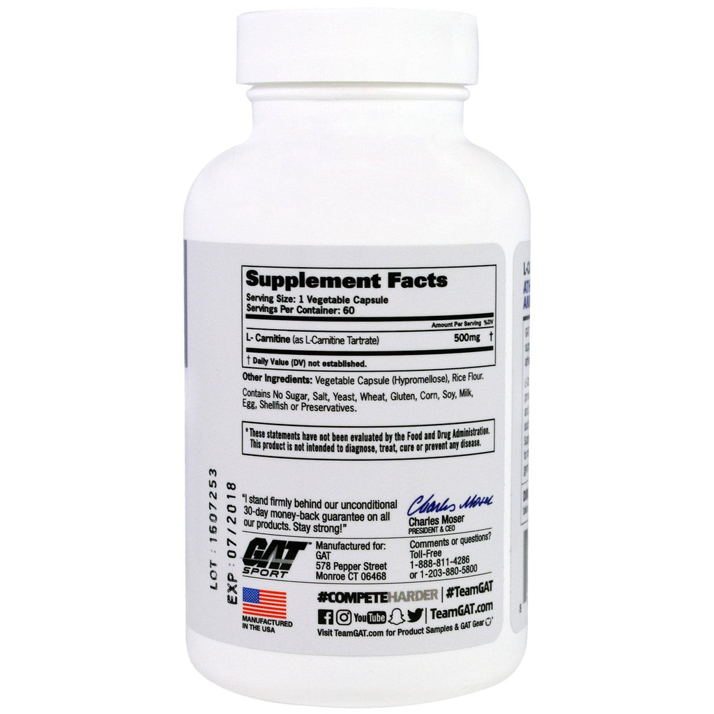 GAT, L-Carnitine, Amino Acid, Free Form, 60 Vegetable Capsules