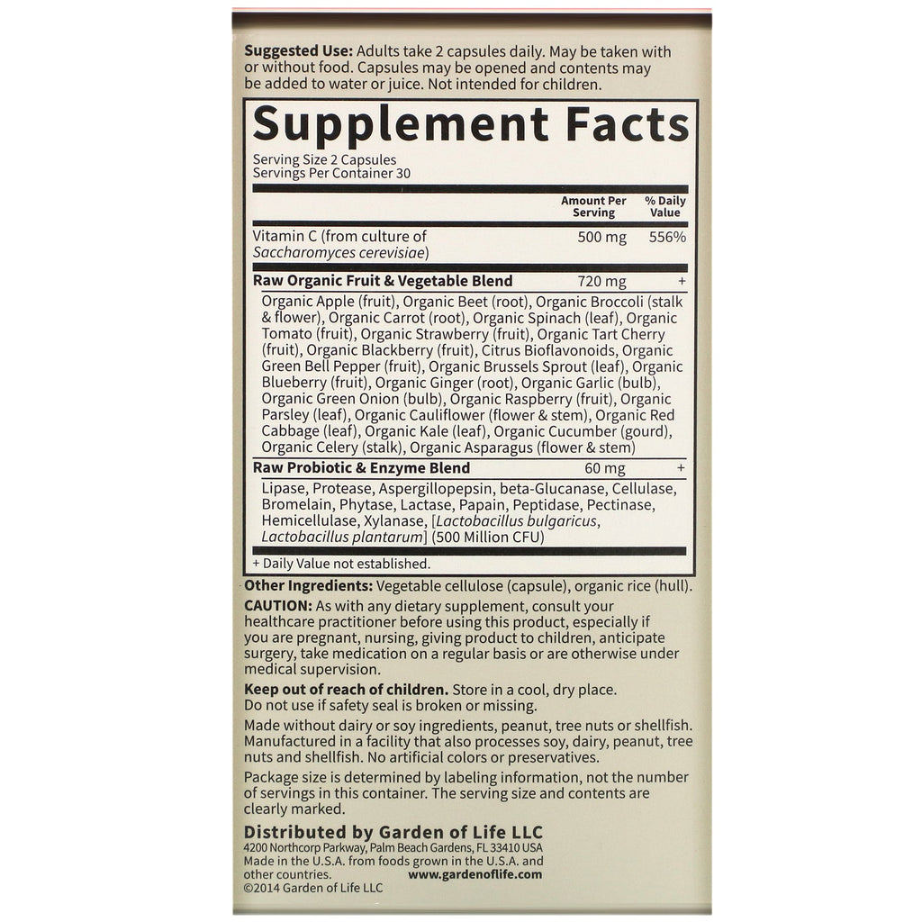 Garden of Life, Vitamin Code, RAW Vitamin C, 60 veganske kapsler
